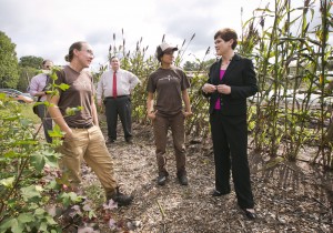 Emily McGinty, far right, Assistant Program manger, and Saskia Cornes, center, Duke Campus Farm and Program Manger, give a tour of the Duke Campus Farm to Krysta Harden, right, United States Department of Agriculture Dep. Secretary. Harden is joined on the tour by Kelly Brownell, back, center, Dean of the Sanford School of Public Policy. Credit: Duke Photographer