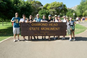 The whole gang gathers for a shot in the center of Diamond Head crater.