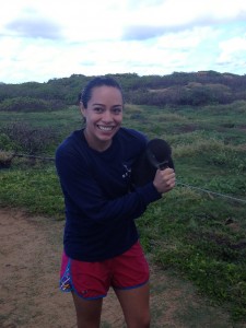 Ana holding the black-footed albatross while Eric prepared to band it