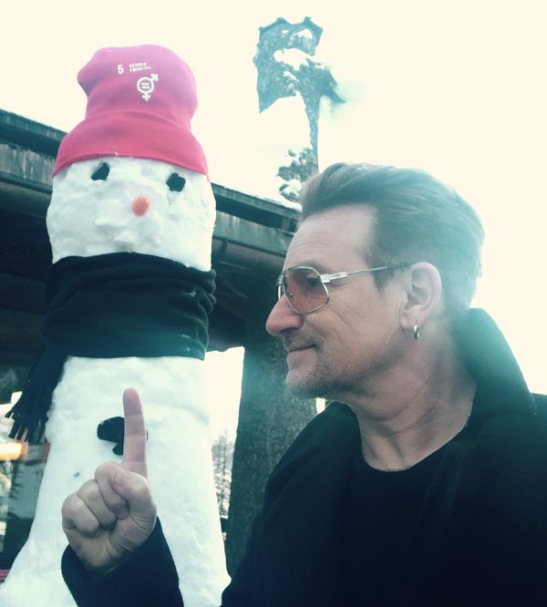 “Snow woman says ‘gender equality.” #davos. Photo courtesy of U2’s twitter feed.