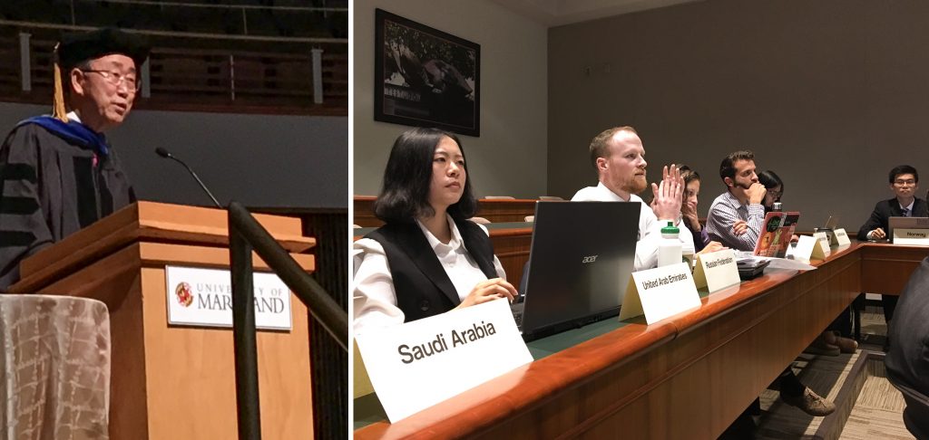 Left: UN Secretary General Ban Ki-Moon addresses students at the University of Maryland. Right: Student negotiators at the ICCN try to hammer out an agreement.