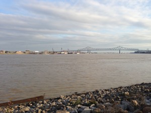 The Mississippi, as viewed from the French Quarter in New Orleans.