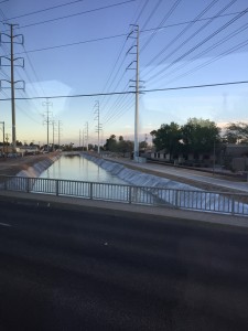 On a bus ride through Phoenix, I caught a glimpse of this canal built to flow through the desert city.