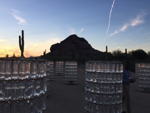 An art display in the Desert Botanical Garden in Phoenix at sunset.