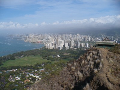 A view of Waikiki from the summit of Diamond Head. Note the vast development that has occurred due to European settlers and the tourism boom.